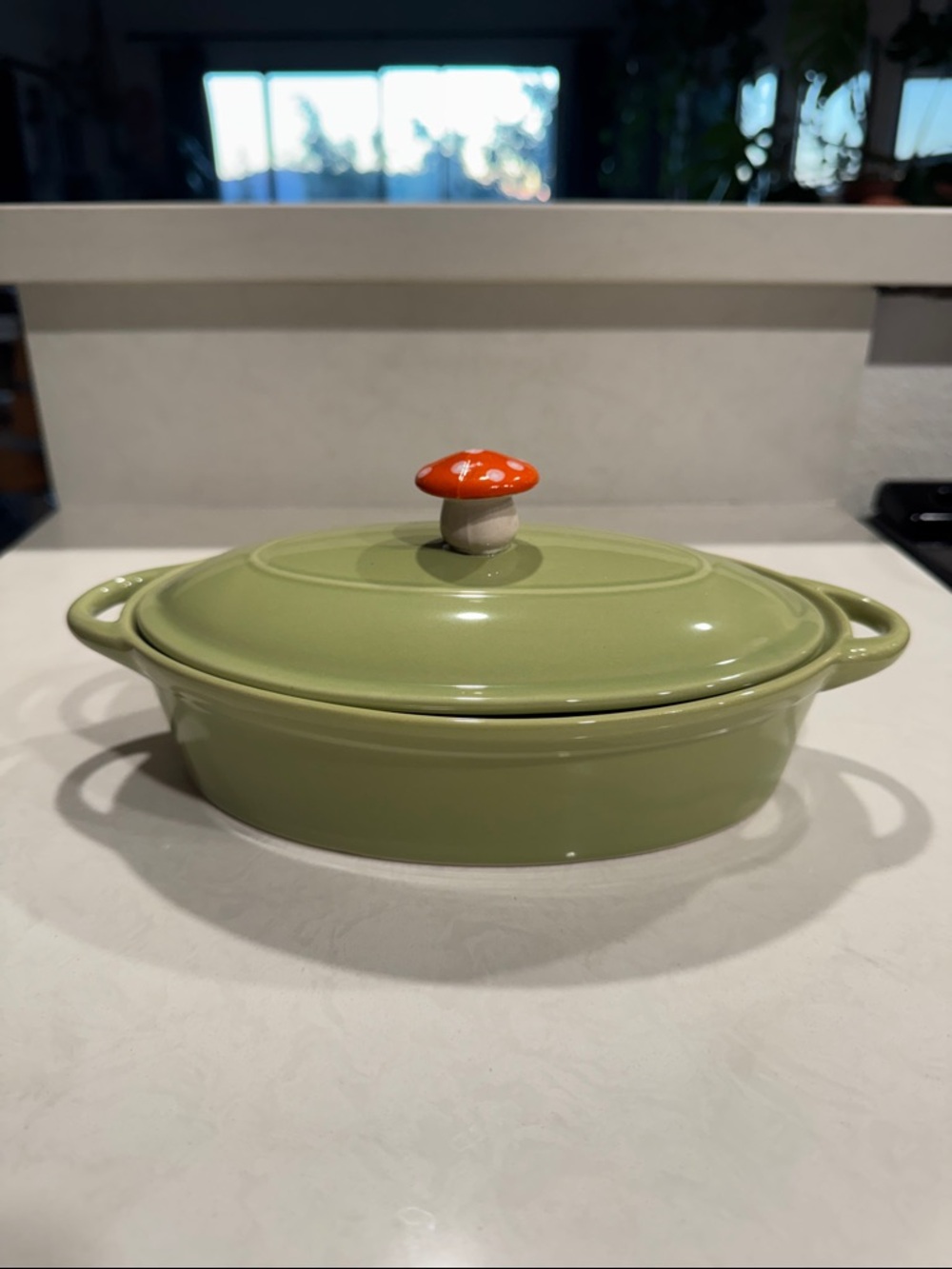 Green Ceramic Covered Casserole with Decorative mushroom Knob